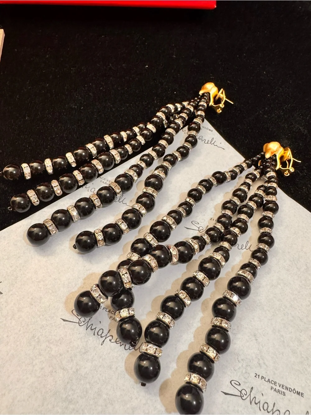Schiaparelli inspired Elegant Black Beaded Drop Earrings with Gold Accents